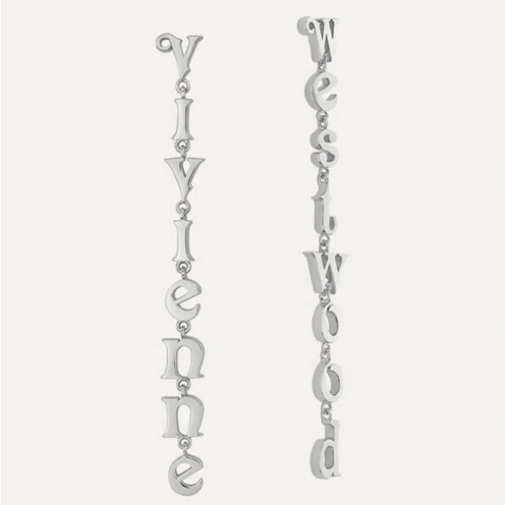 VIVIENNE WESTWOOD RAIMUNDA ASYMMETRICAL LETTER DROP EARRINGS – SILVER TONE - Picture 2 of 6